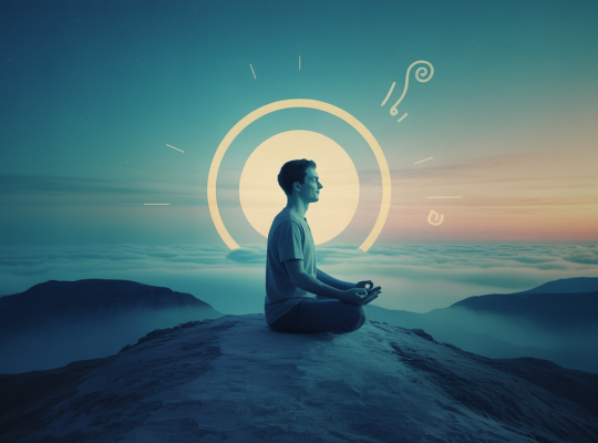 Personne méditant au sommet d'une montagne symbolisant l'alignement des valeurs et objectifs