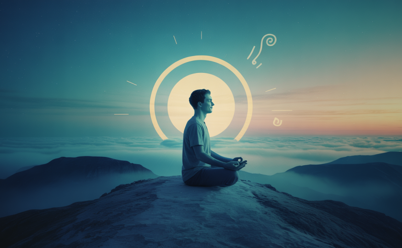 Personne méditant au sommet d'une montagne symbolisant l'alignement des valeurs et objectifs