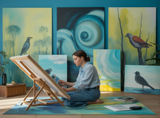 Personne pratiquant l'art-thérapie en pleine nature, entourée de couleurs apaisantes.