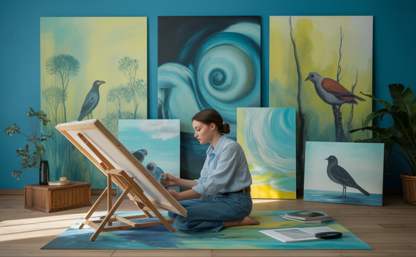 Personne pratiquant l'art-thérapie en pleine nature, entourée de couleurs apaisantes.