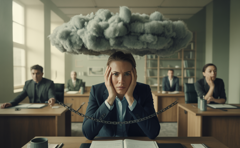 Image représentant un environnement de travail toxique avec une atmosphère sombre et des symboles révélateurs