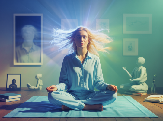 Personne utilisant son hypersensibilité comme un atout professionnel, entourée d'éléments symbolisant le développement personnel et la pleine conscience.