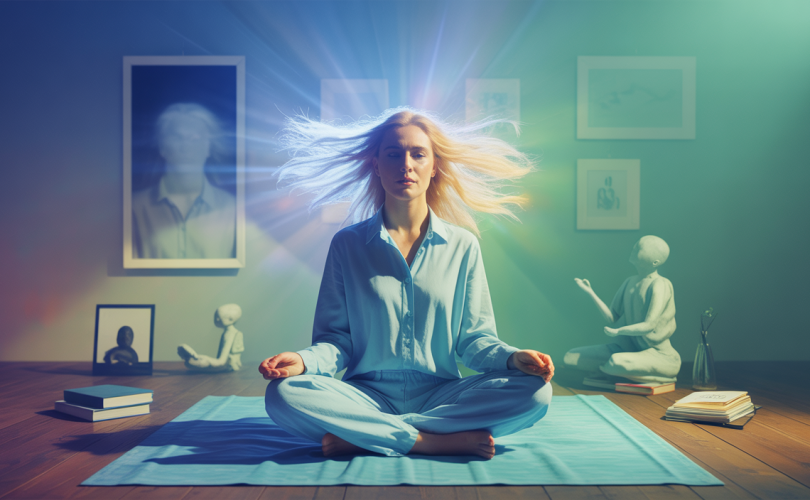 Personne utilisant son hypersensibilité comme un atout professionnel, entourée d'éléments symbolisant le développement personnel et la pleine conscience.