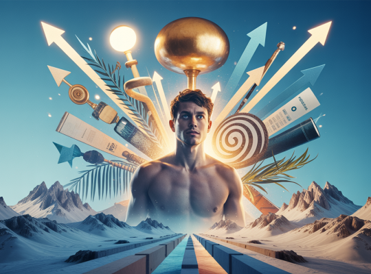 Une représentation artistique de la motivation influençant le développement personnel, avec des symboles de réussite et de croissance.