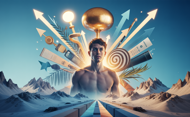 Une représentation artistique de la motivation influençant le développement personnel, avec des symboles de réussite et de croissance.