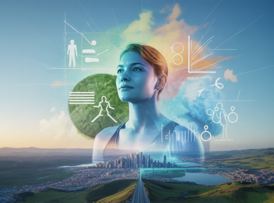 Image illustrant les tendances du développement personnel en 2025 avec des éléments de bien-être, performance et coaching innovant.