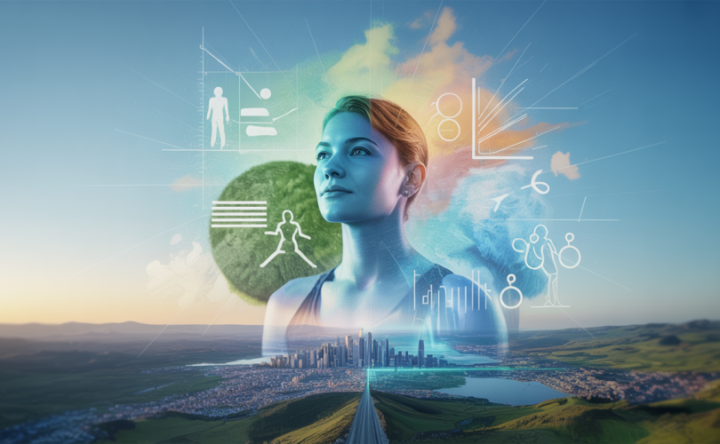 Image illustrant les tendances du développement personnel en 2025 avec des éléments de bien-être, performance et coaching innovant.