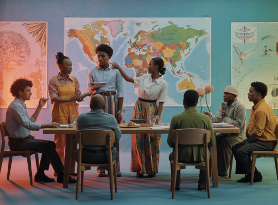 Scène interculturelle de communication efficace représentant des individus divers interagissant dans un environnement harmonieux