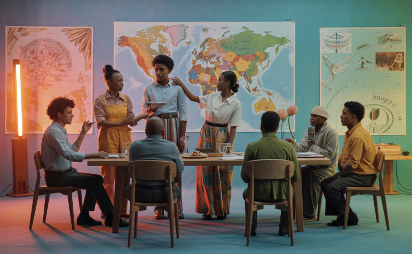 Scène interculturelle de communication efficace représentant des individus divers interagissant dans un environnement harmonieux