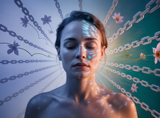 Illustration apaisante représentant le chemin de la guérison émotionnelle, avec des symboles de libération et transformation des traumatismes