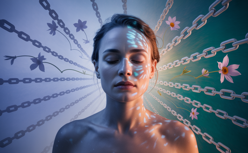 Illustration apaisante représentant le chemin de la guérison émotionnelle, avec des symboles de libération et transformation des traumatismes