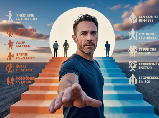 Illustration vibrante d'un coach boostant la confiance en soi à travers cinq niveaux de développement personnel.