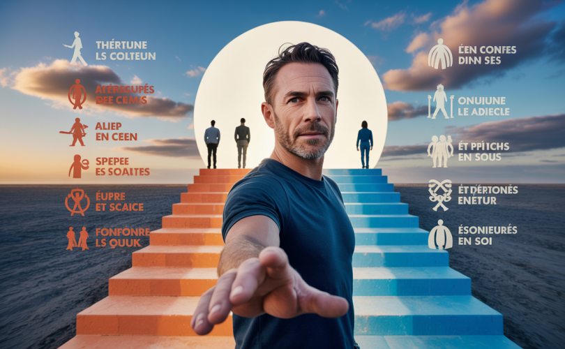 Illustration vibrante d'un coach boostant la confiance en soi à travers cinq niveaux de développement personnel.