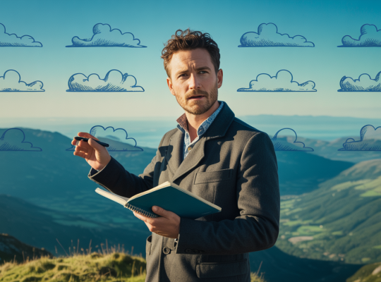 David Laroche, coach motivant au sommet d'une montagne, offrant des conseils stratégiques avec une vue panoramique