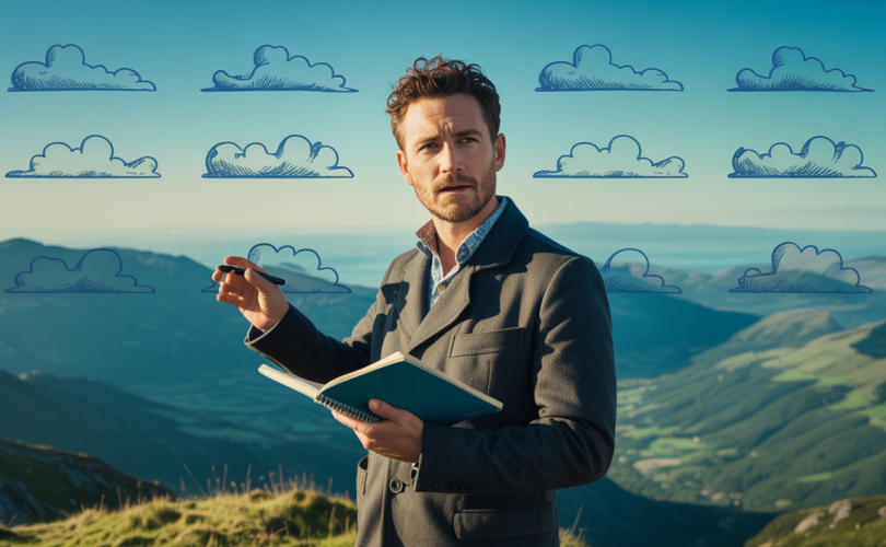 David Laroche, coach motivant au sommet d'une montagne, offrant des conseils stratégiques avec une vue panoramique