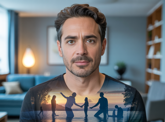 Portrait de David Laroche souriant et confiant, entouré d’éléments symbolisant la croissance personnelle et les relations humaines