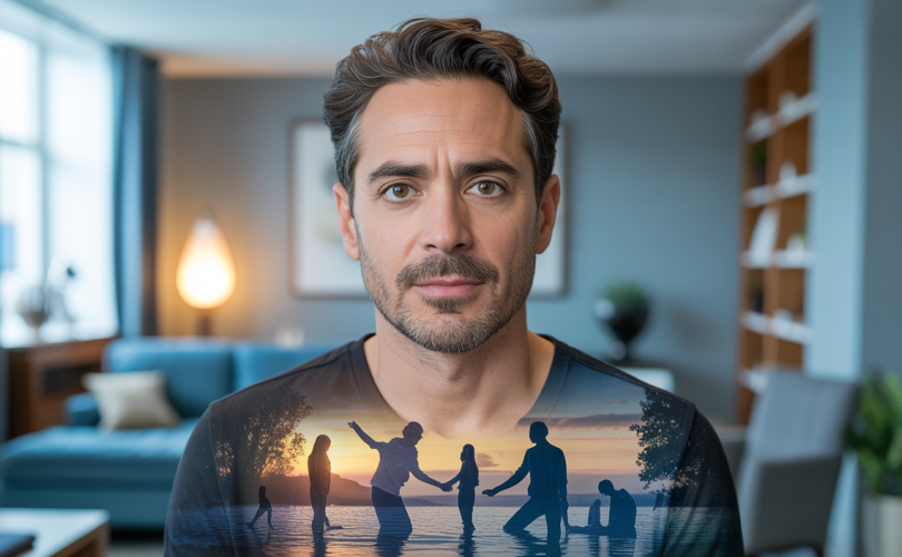 Portrait de David Laroche souriant et confiant, entouré d’éléments symbolisant la croissance personnelle et les relations humaines