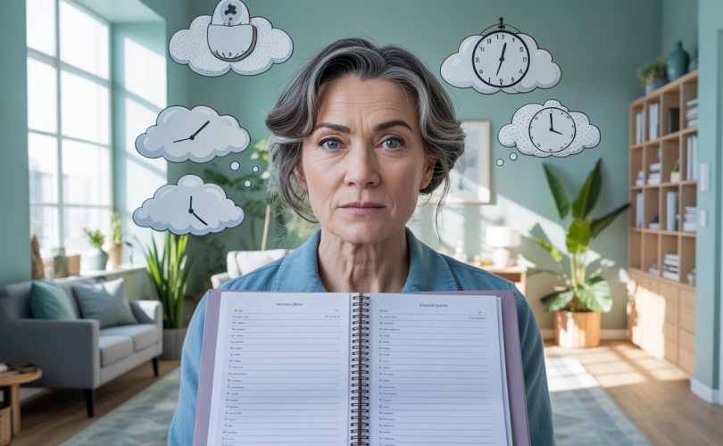 Illustration symbolique d'une personne sereine entourée d'éléments évoquant la gestion émotionnelle et la priorisation des objectifs pour réduire le stress