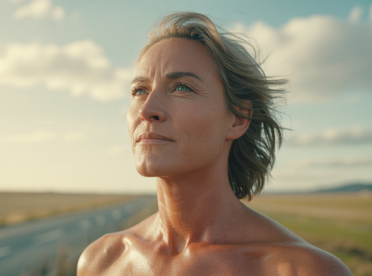 Personne confiante levant la tête, les bras ouverts, symbolisant la liberté retrouvée et l'affirmation de soi face à la peur du refus