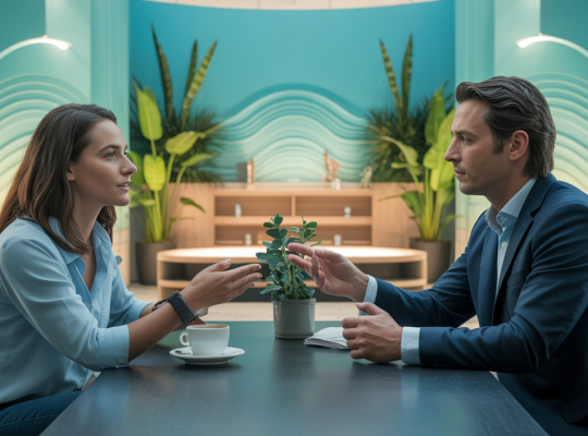 Personnes communicant efficacement avec confiance et maîtrise émotionnelle.