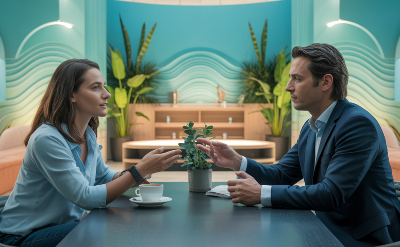 Personnes communicant efficacement avec confiance et maîtrise émotionnelle.