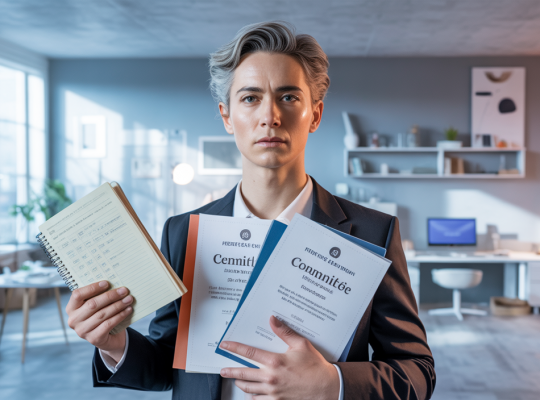 Illustration symbolique d’une personne confiante debout, entourée d’éléments représentant des preuves concrètes de compétences accumulées, dans un style hyper-réaliste et lumineux