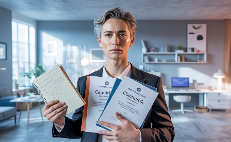 Illustration symbolique d’une personne confiante debout, entourée d’éléments représentant des preuves concrètes de compétences accumulées, dans un style hyper-réaliste et lumineux