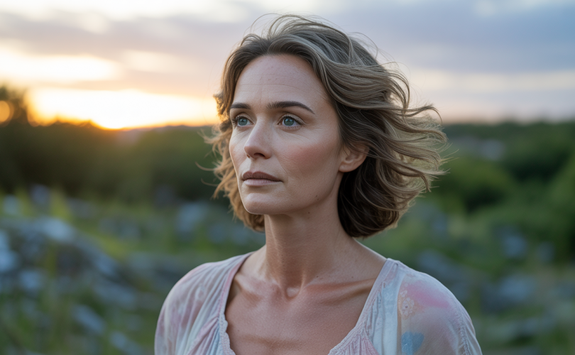 Personne sereine méditant en pleine nature, détachée du jugement des autres avec une expression confiante et apaisée