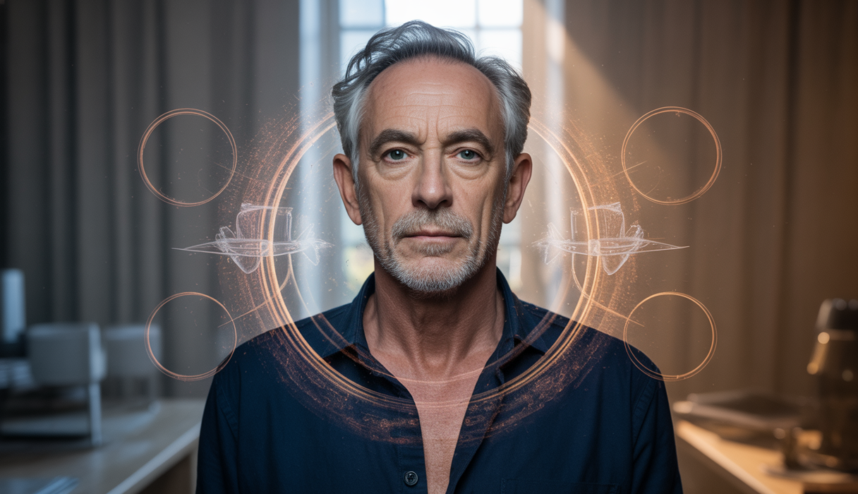 Portrait stylisé évoquant l’équilibre dynamique de la vie avec une représentation symbolique inspirée par Thierry Ardisson