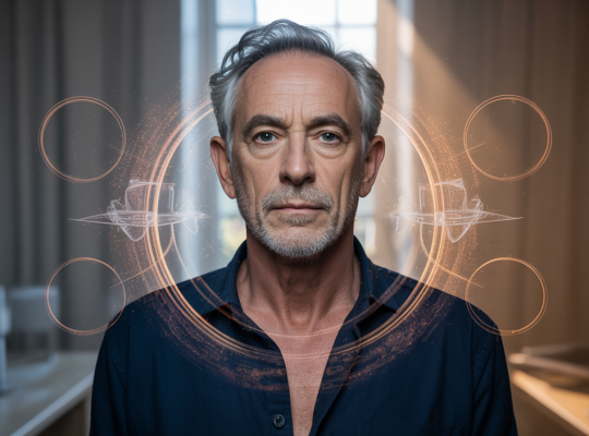 Portrait stylisé évoquant l’équilibre dynamique de la vie avec une représentation symbolique inspirée par Thierry Ardisson