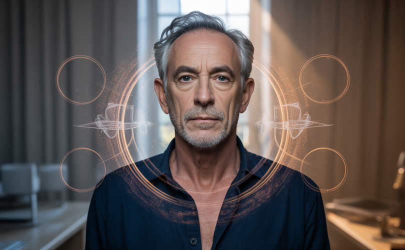 Portrait stylisé évoquant l’équilibre dynamique de la vie avec une représentation symbolique inspirée par Thierry Ardisson