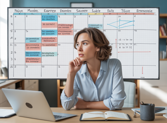 Illustration professionnelle d’une gestion du temps efficace où une personne organise son emploi du temps en consacrant 70% à la création de valeur pour booster son impact et sa productivité au travail et dans la vie