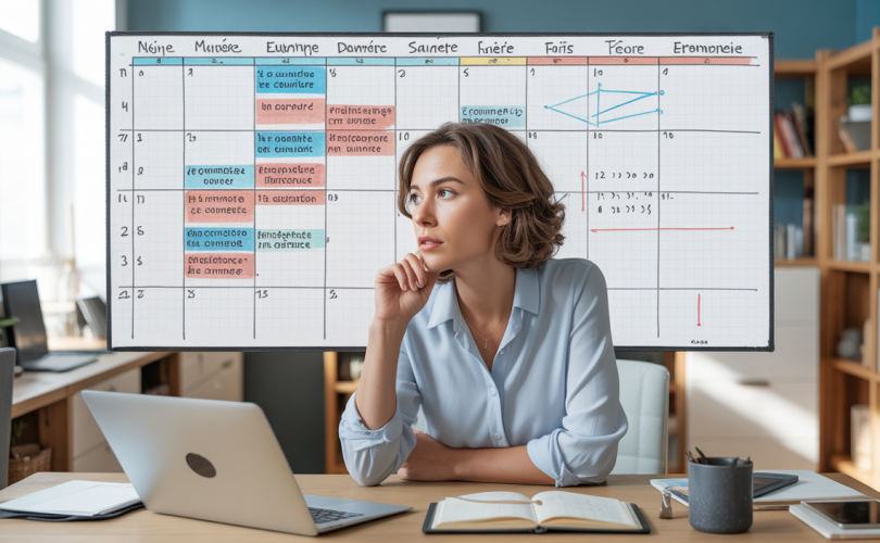 Illustration professionnelle d’une gestion du temps efficace où une personne organise son emploi du temps en consacrant 70% à la création de valeur pour booster son impact et sa productivité au travail et dans la vie