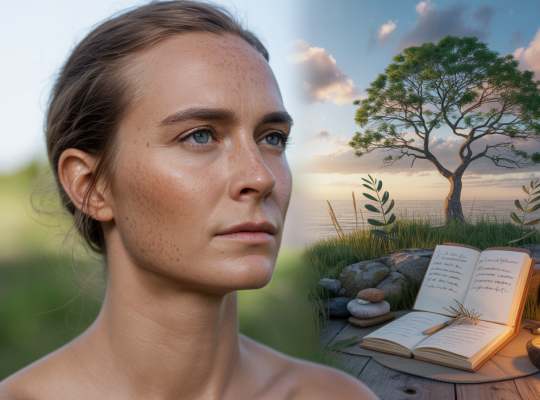 Personne méditant sereinement entourée d'éléments symbolisant la croissance personnelle et la réalisation d'objectifs