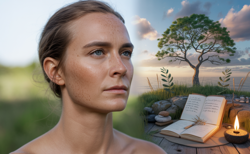 Personne méditant sereinement entourée d'éléments symbolisant la croissance personnelle et la réalisation d'objectifs