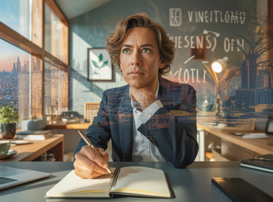 Personne d'âge moyen, mixte d'apparence européenne, assise devant un bureau, concentrée et résiliente, feuille et stylo à la main, sur fond de paysage urbain ouvert, symbolisant la réorientation professionnelle et la gestion de la frustration au travail.