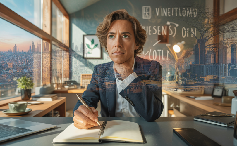 Personne d'âge moyen, mixte d'apparence européenne, assise devant un bureau, concentrée et résiliente, feuille et stylo à la main, sur fond de paysage urbain ouvert, symbolisant la réorientation professionnelle et la gestion de la frustration au travail.