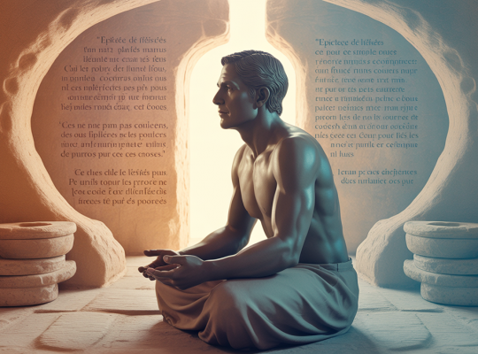 Illustration symbolique représentant la gestion du stress et la résilience mentale par le stoïcisme avec des éléments philosophiques et une silhouette méditative