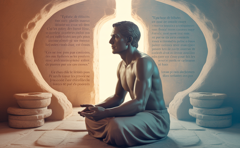 Illustration symbolique représentant la gestion du stress et la résilience mentale par le stoïcisme avec des éléments philosophiques et une silhouette méditative