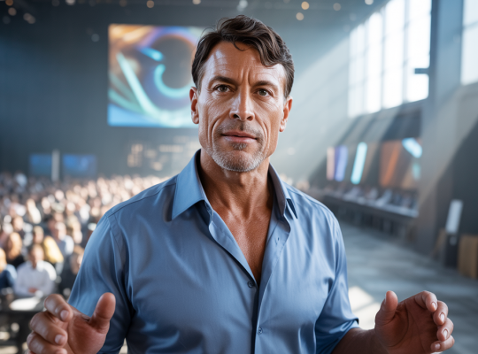 Portrait de Tony Robbins en pleine intervention, illustrant ses concepts des niveaux de bonheur et de transformation mentale pour un bien-être durable