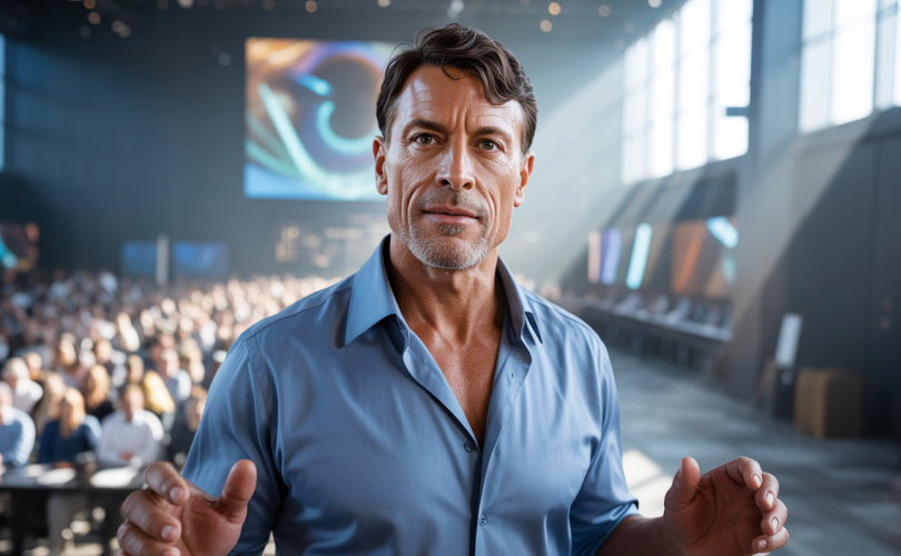Portrait de Tony Robbins en pleine intervention, illustrant ses concepts des niveaux de bonheur et de transformation mentale pour un bien-être durable