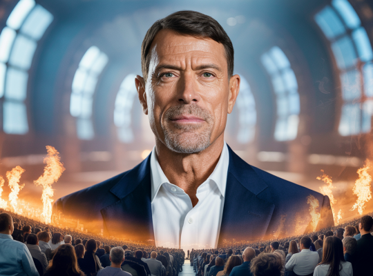 Portrait inspirant de Tony Robbins illustrant sa transformation personnelle et son impact mondial en développement personnel