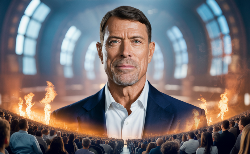 Portrait inspirant de Tony Robbins illustrant sa transformation personnelle et son impact mondial en développement personnel