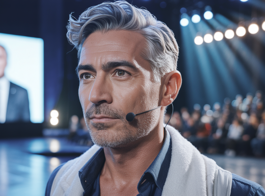 Portrait de David Laroche en conférencier dynamique expliquant la résilience et la réussite par les neurosciences et la persévérance