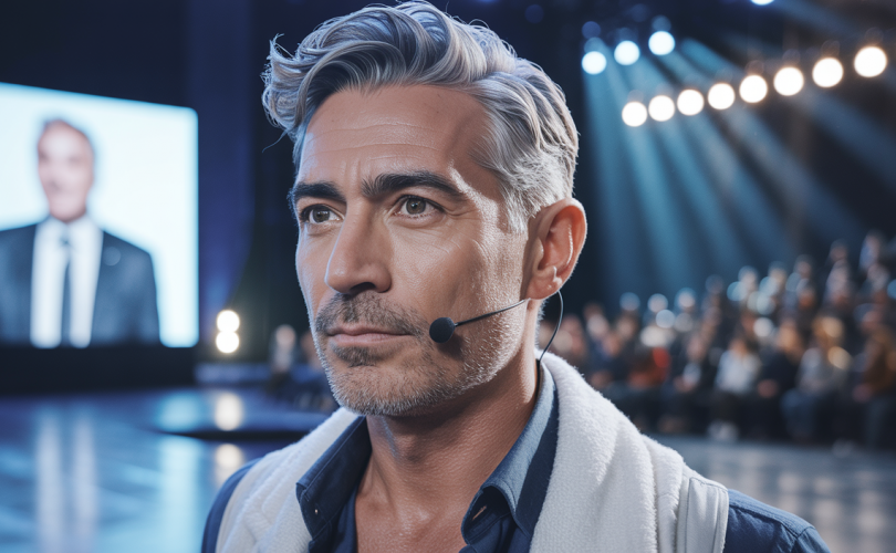 Portrait de David Laroche en conférencier dynamique expliquant la résilience et la réussite par les neurosciences et la persévérance